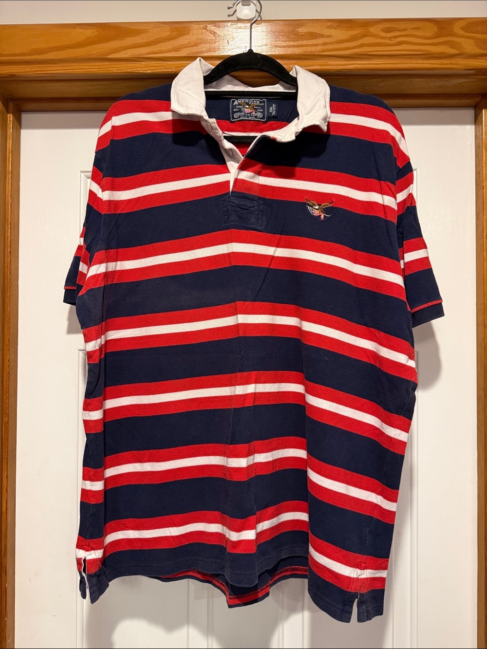 American Living Navy, Red & White Striped Rugby Polo with Embroidered Crest